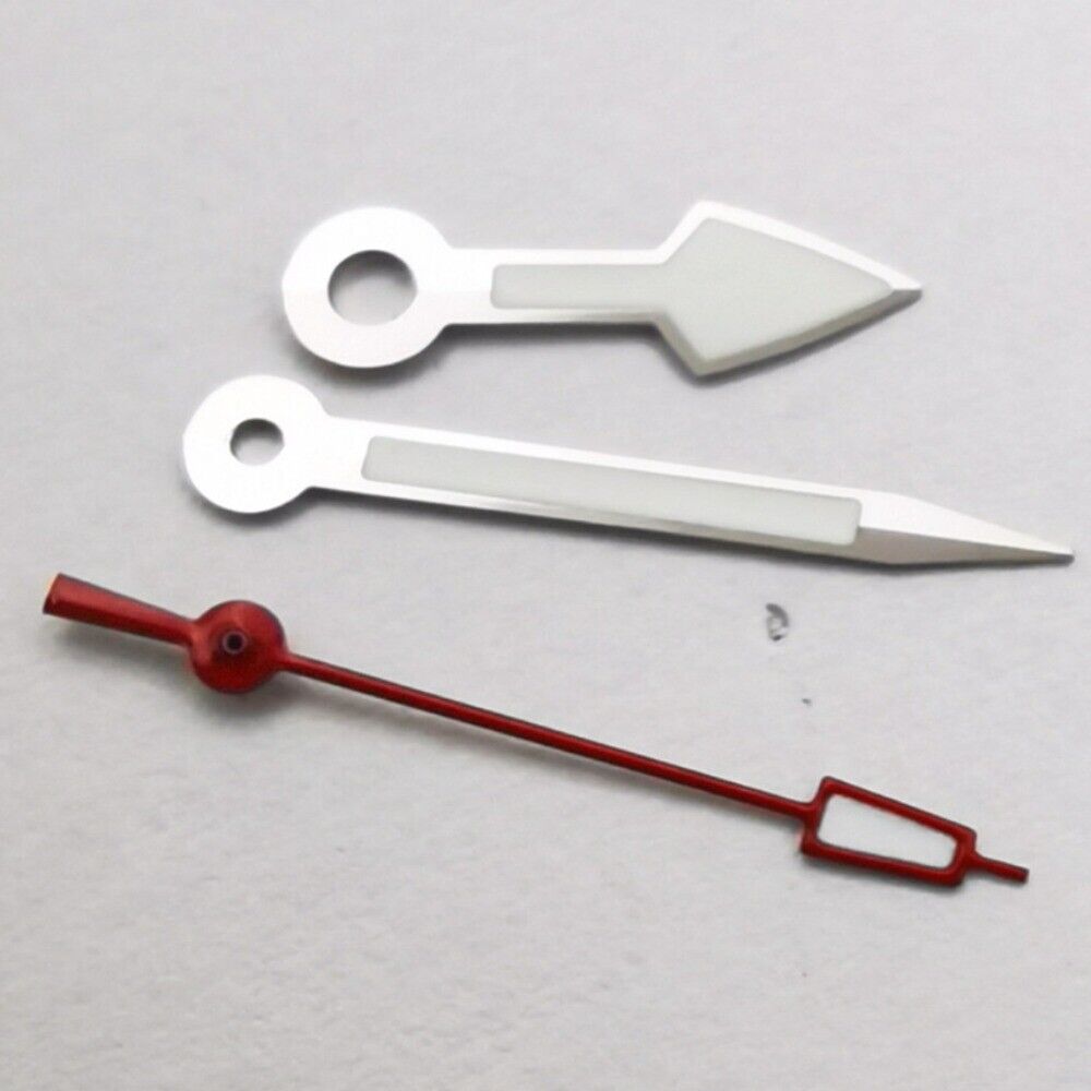 Arrow-shaped silver trimmed watch hands with red second hand and green lume for NH35 NH36 movements.