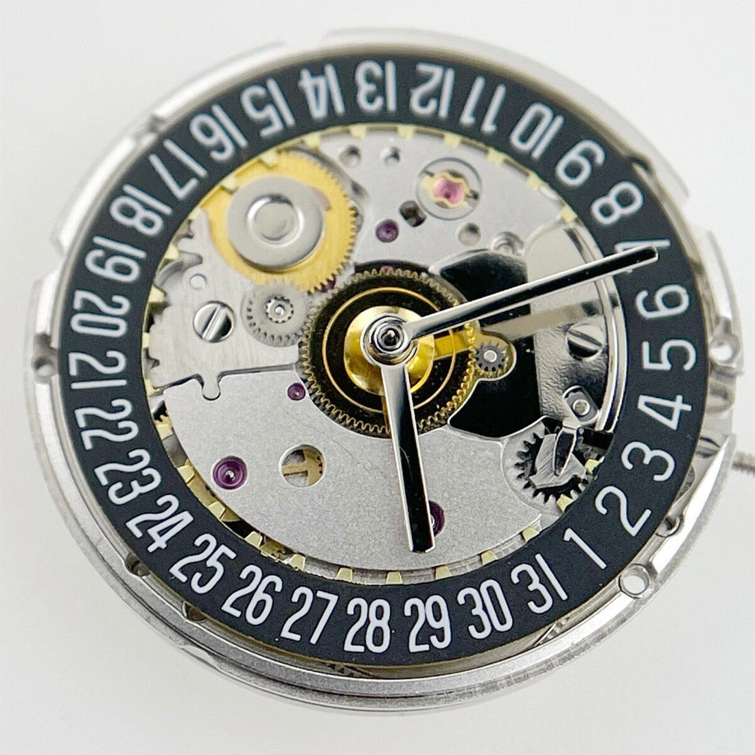 Seagull 2824 automatic watch movement with black dial and date display at 6 o'clock, China made.