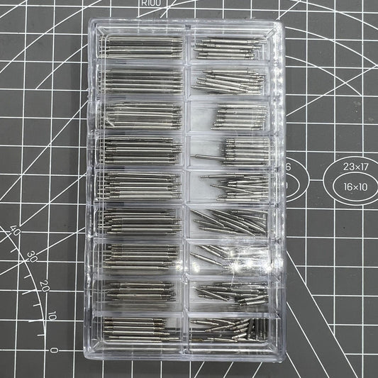 Set of 360 stainless steel spring bars and link pins for watch band straps, 8-25mm, durable replacement kit.