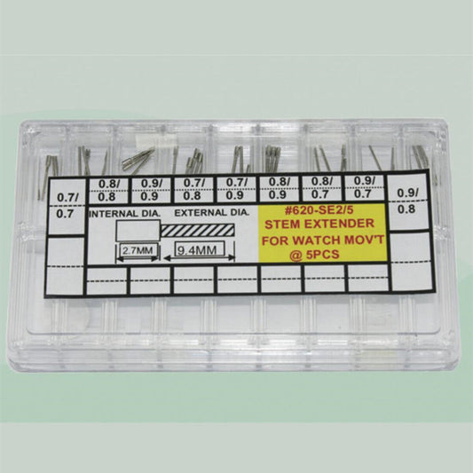 Set of 45 watch stem extenders in 9 sizes for Swiss ETA movements.