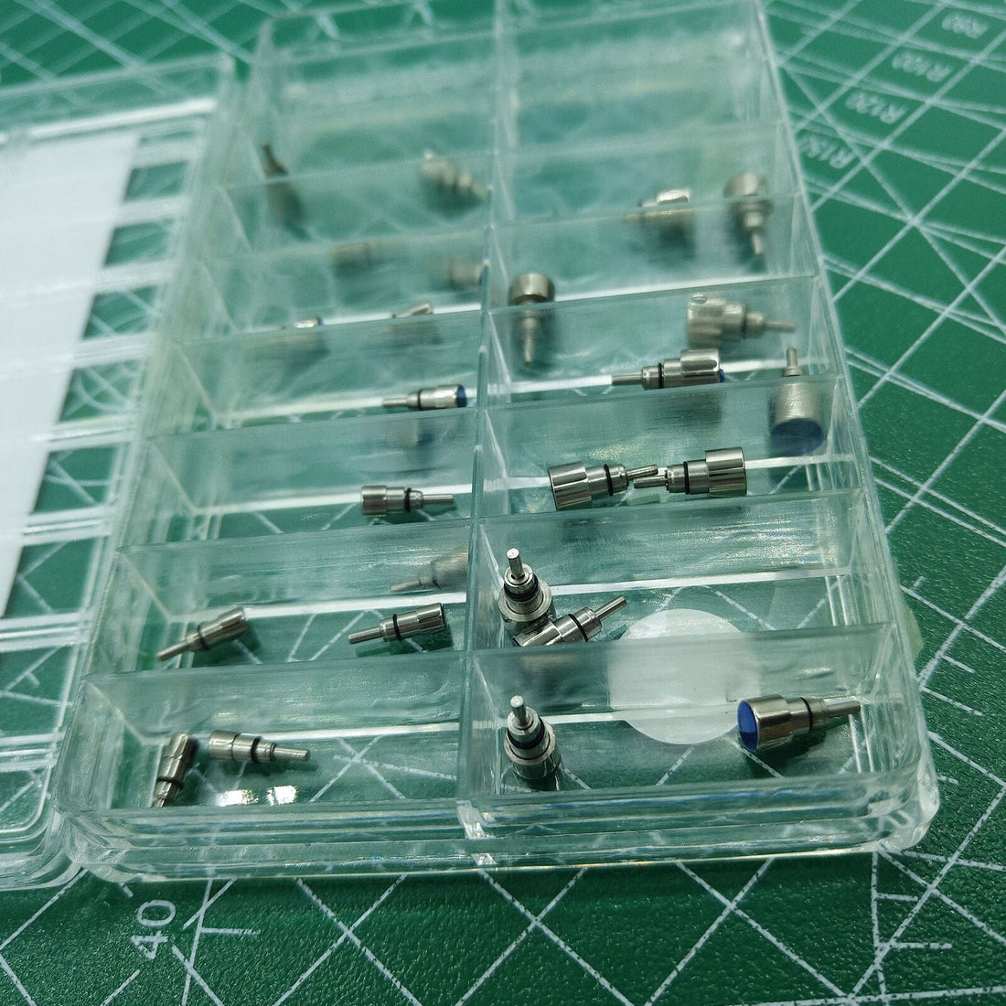 Wholesale set of 26 stainless steel chronograph button watch pushers, screw-in type for watch repair and accessories.