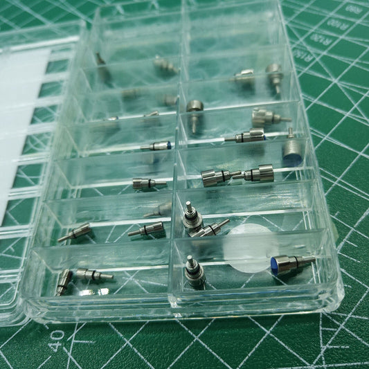 Wholesale set of 26 stainless steel chronograph button watch pushers, screw-in type for watch repair and accessories.