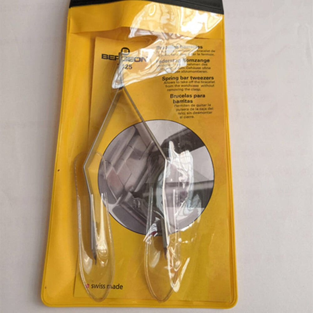 Bergeon 7825 spring bar tweezers for precise watch repair and strap adjustments.