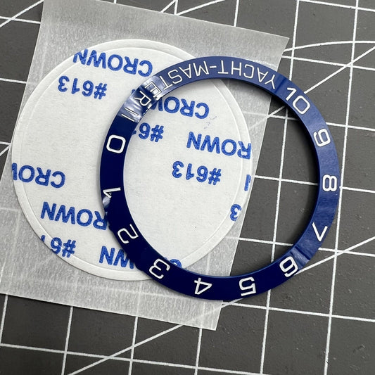 Ceramic 38mm blue bezel ring with white font for Yacht Master watch, enhancing style and durability.