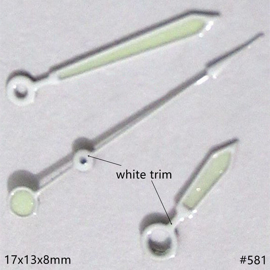 17mm green lume watch hands with white trim, compatible with Miyota 2035 2115 2105 movements.