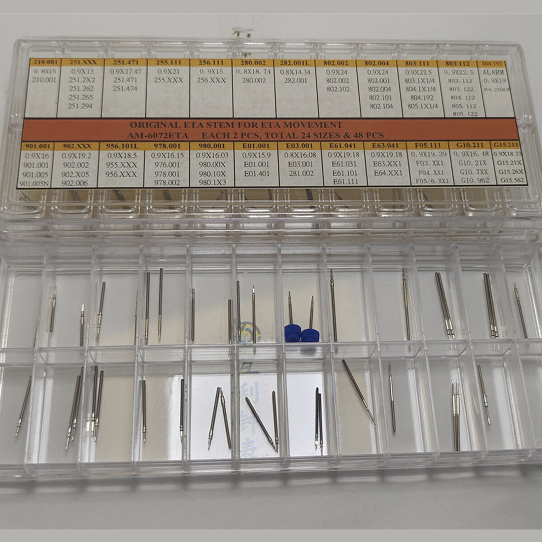 Stainless Steel ETA watch stems kit, 24 sizes, 48pcs for precise ETA movement repairs.