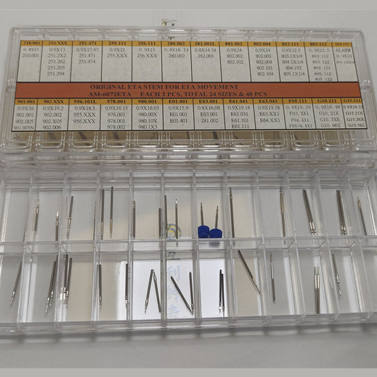 Stainless Steel ETA watch stems kit, 24 sizes, 48pcs for precise ETA movement repairs.