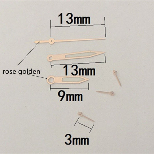 Rose Golden 13mm luminous watch hands with green accents for Miyota OS10 OS20 OS60 OS80 models.