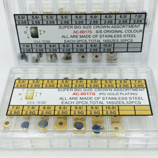 Super big size watch crown assortment in gold and silver plating for professional watchmakers.