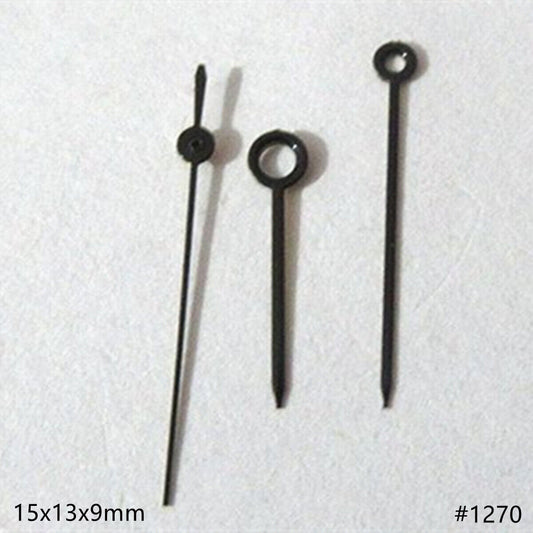 Set of 15mm black painted watch hands for Miyota 2035, 2115, 2105, 2305 movements, precise and durable.