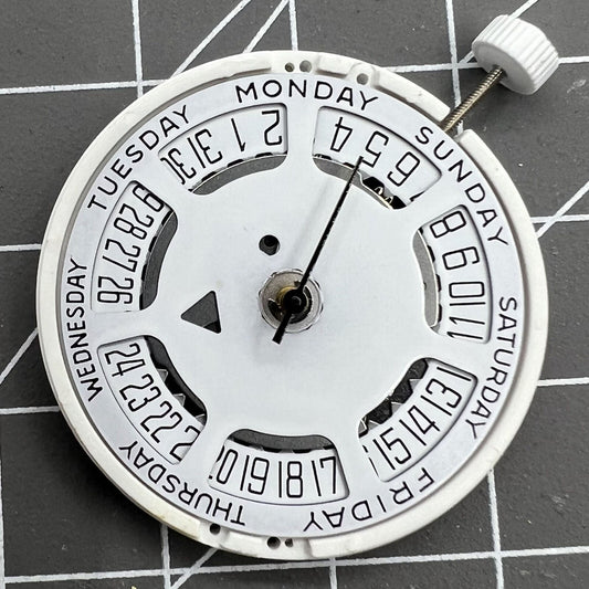 ISA 1198 quartz watch movement with day-date function, white dial, date at 6, compatible replacement.
