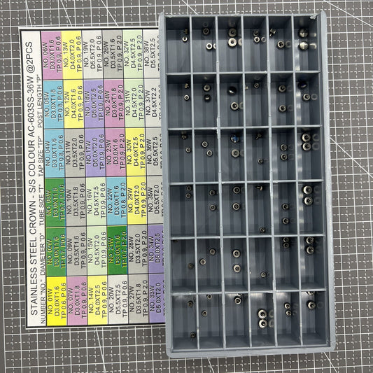 Stainless steel watch crowns assortment kit, 72 pieces, 36 sizes for watch repairs and replacements.