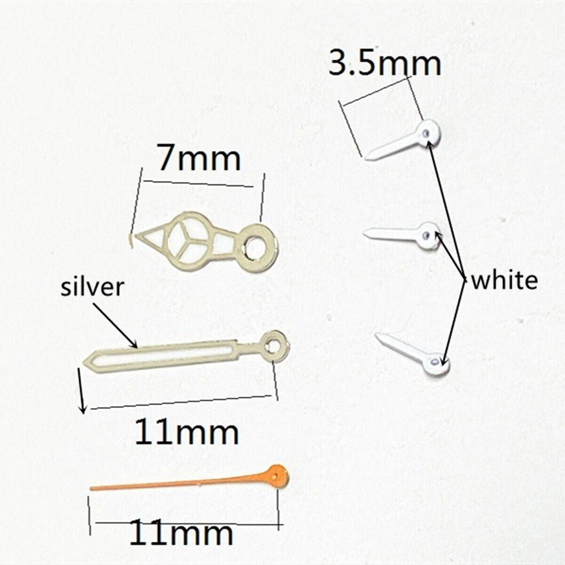 Silver-trimmed orange second hand with green lume for VD53, VD54, VD57 watch movements.
