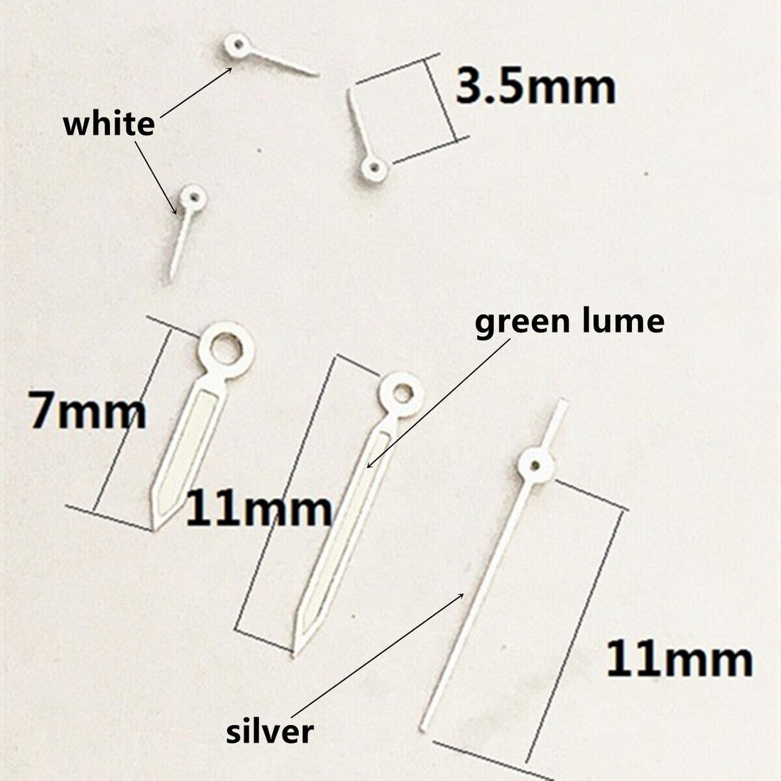 11mm silver and white trim green lume watch hands for Epson VD53 VD54 VD57 movements with luminous tips.