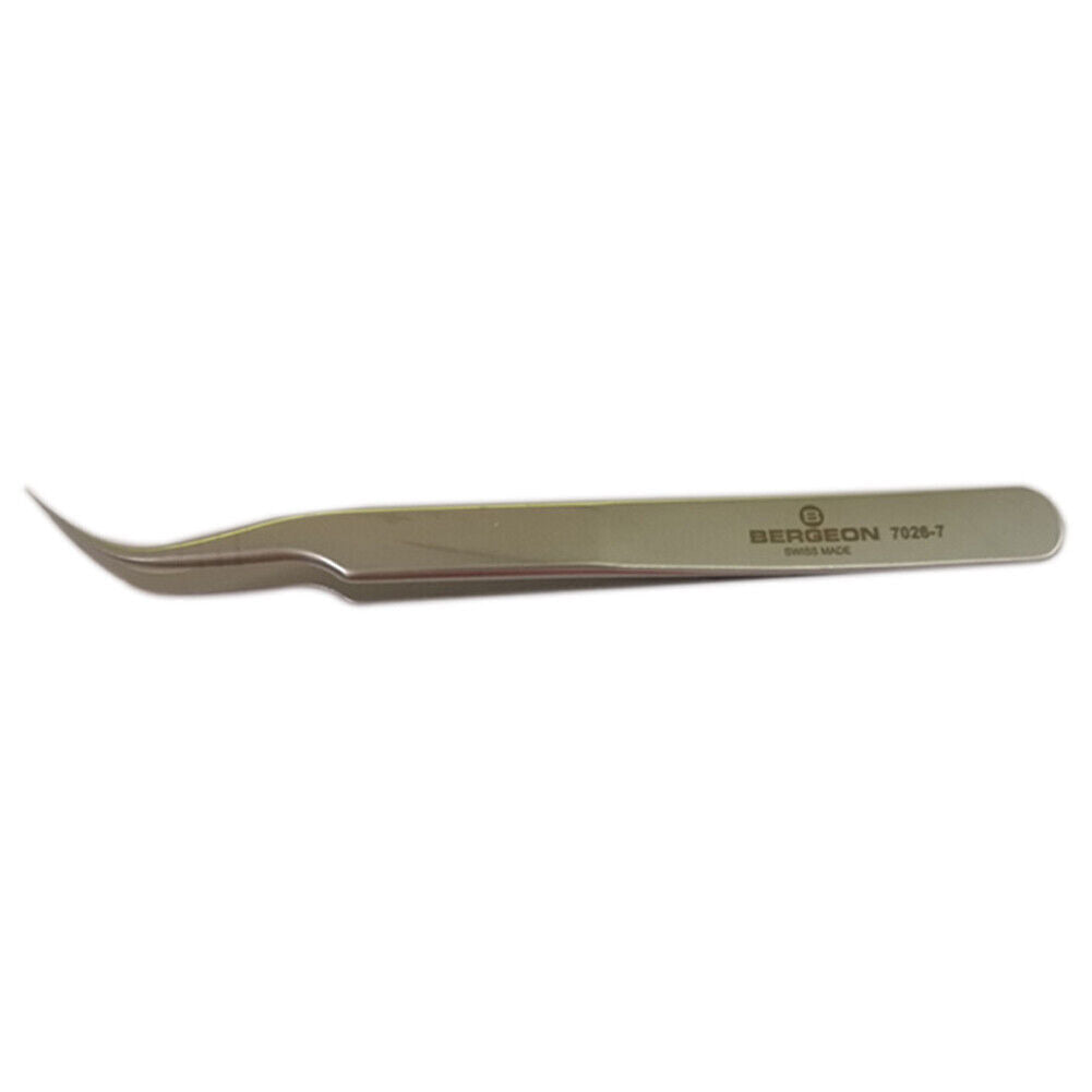Bergeon 7026-7 antimagnetic fine curved tweezers for precise watch repair tasks.