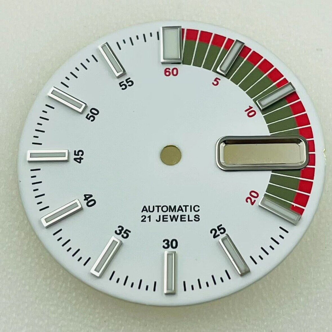 28.5mm green luminous watch dial with white and red accents, compatible with NH36/4R36 movement.