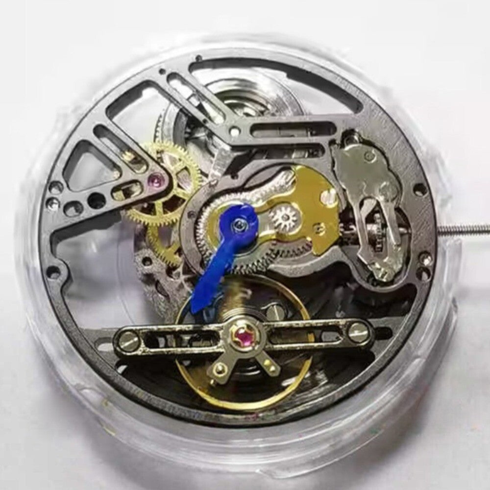 China Made LB20 Hollow black dial watch part with 3 hands, automatic mechanical movement for precise timekeeping.