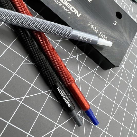 Bergeon 7404-S03 Swiss Made watch hand fitting tool set of 3 with sturdy base for precise watch repair.