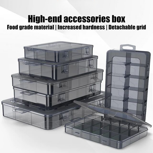Transparent plastic storage container for tools, screws, jewelry parts organization.