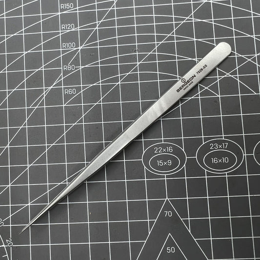 Swiss Bergeon 7026-SS antimagnetic tweezer with narrow, fine points for precision watch repair and accessory handling.