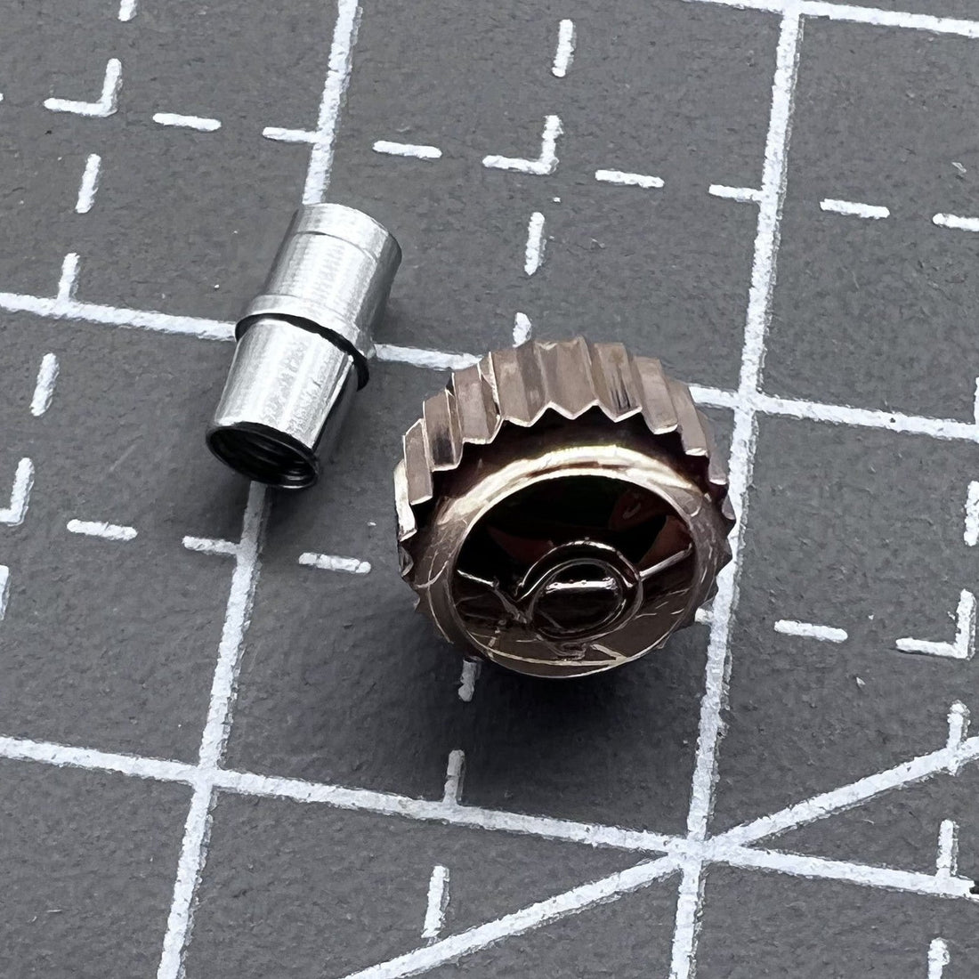 6.0mm rose gold watch crown with tube, compatible with OMEGA Seamaster 300 models.