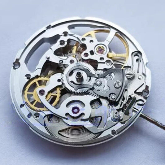 Tianjin 2824 hollow silver mechanical watch movement with 3 hands, China Made, for precise timekeeping