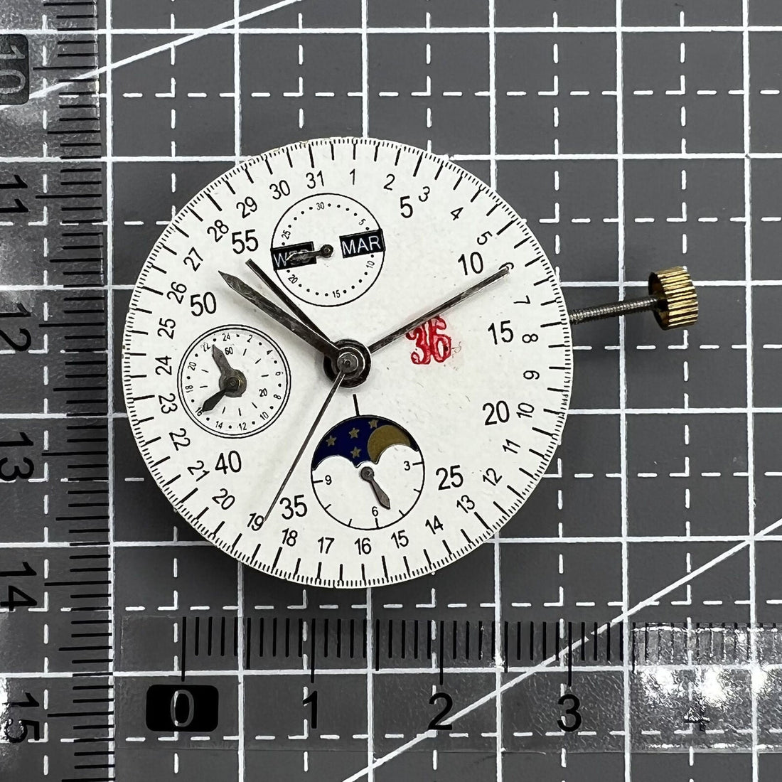 Multifunctional automatic watch with 8 hands featuring Dandong 7751 mechanical movement.