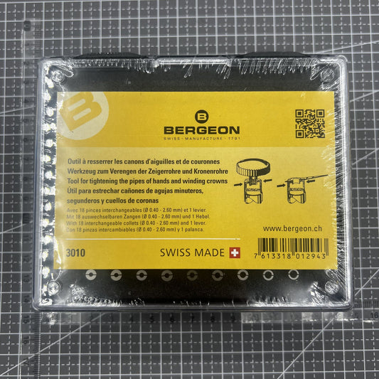 Bergeon watch crown case and hand tube tool with plastic box for precise watch repair accessory.