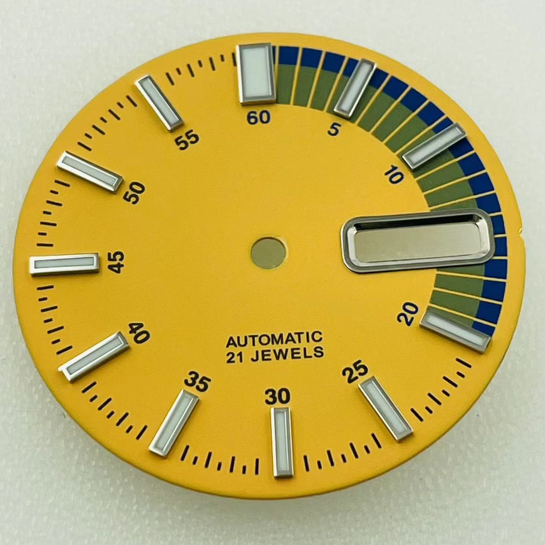 Green luminous yellow and blue 28.5mm watch dial for NH36/4R36 movement, perfect replacement accessory.