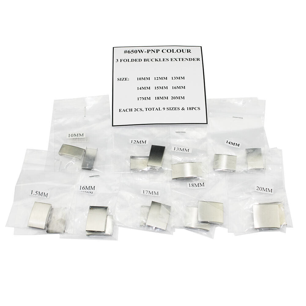 Silver 3-fold watch strap buckles extender, 18 pieces, 9 sizes for custom bracelet adjustment