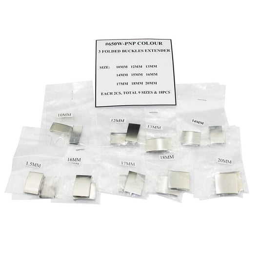 Silver 3-fold watch strap buckles extender, 18 pieces, 9 sizes for custom bracelet adjustment