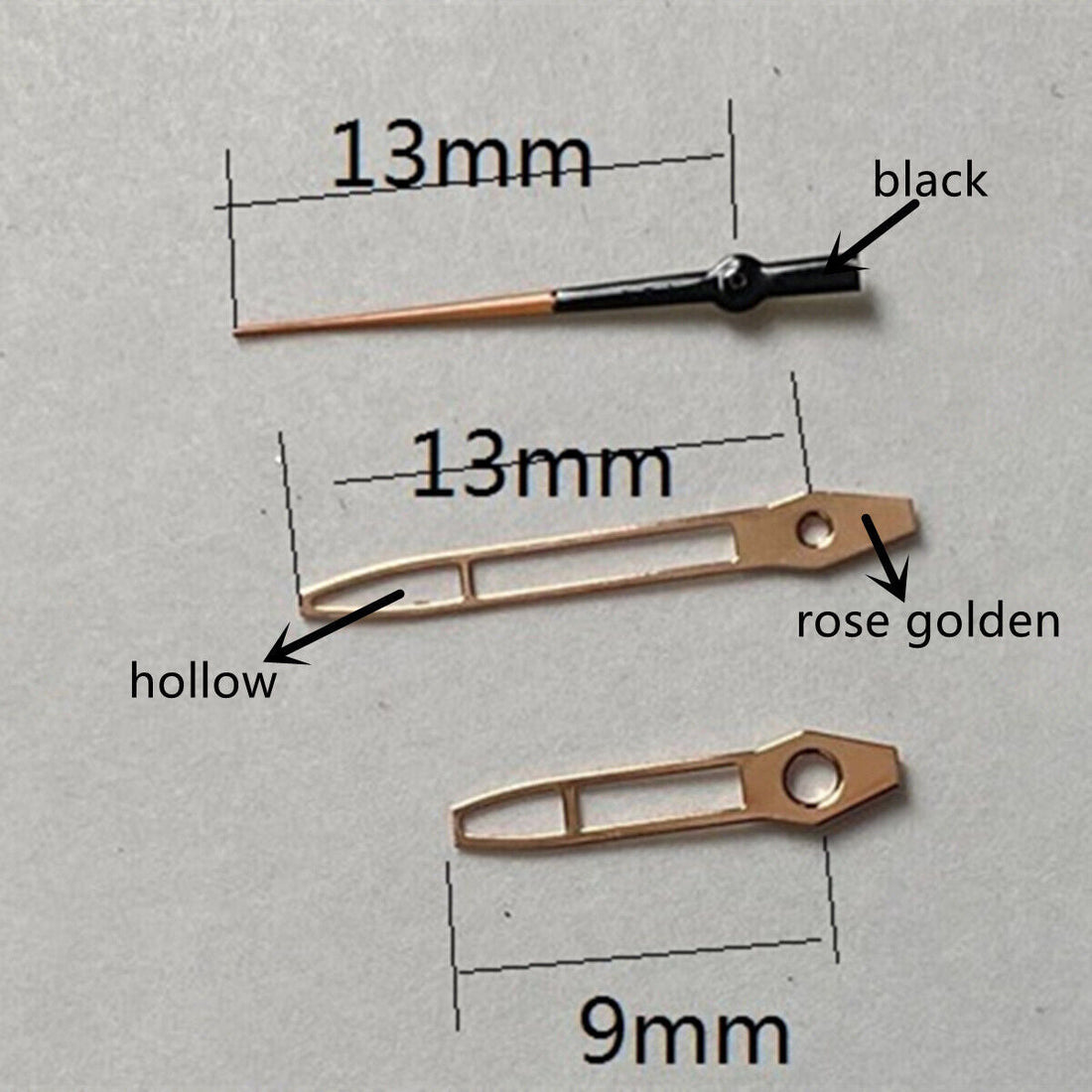 Rose Gold 13mm Hollow Watch Hands with Trim for Miyota 2315, 2035, 2036, 2115, 2305 movements.