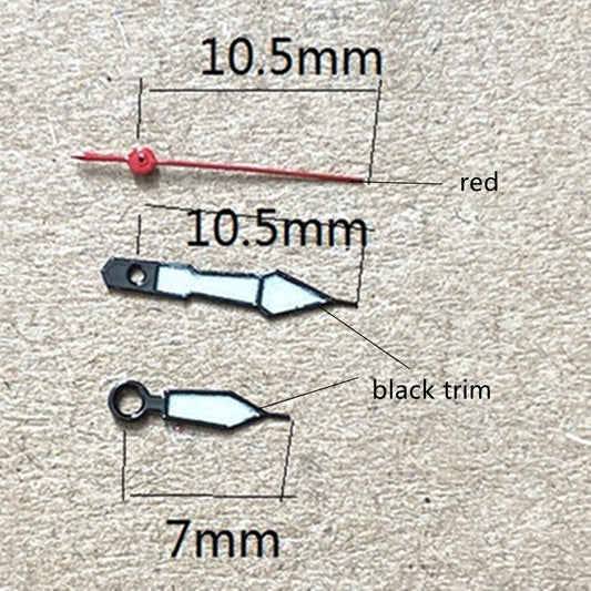 Black trim green luminous watch hands for Miyota 1M12 movement, enhancing visibility and style.