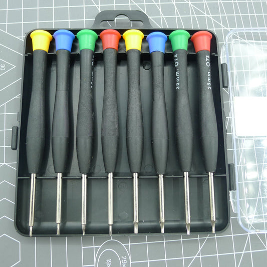 Set of 8 precision electronic screwdrivers for watch and jewelry repair, ideal for detailed crafting tasks.