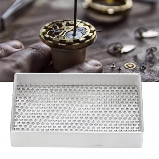 Aluminum watch parts storage tray, organizer and cleaning tool for watchmakers.