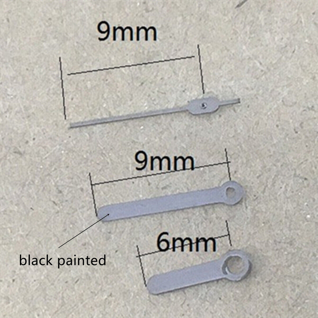 Black painted round tip 9mm watch hands for Miyota 1M12 movement, no lume,.