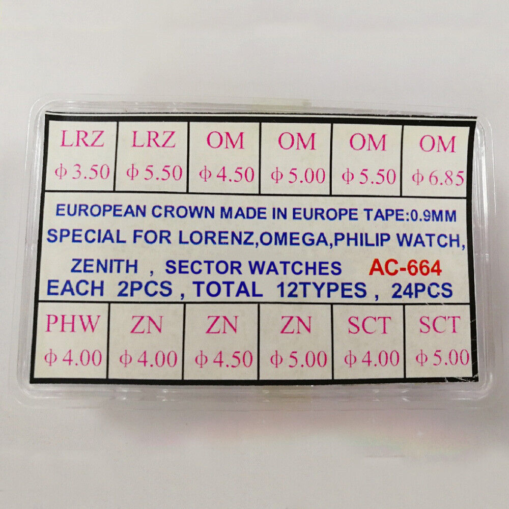24pcs European watch crowns assortment with Lorenz, Omega, Philip brand for precise repairs.