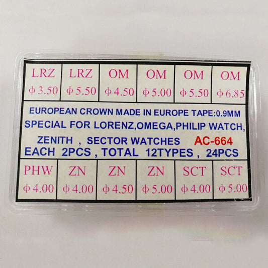 24pcs European watch crowns assortment with Lorenz, Omega, Philip brand for precise repairs.