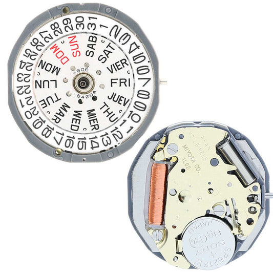 Miyota 1L02 Japan quartz movement close-up showcasing precise watch mechanism for accessories.