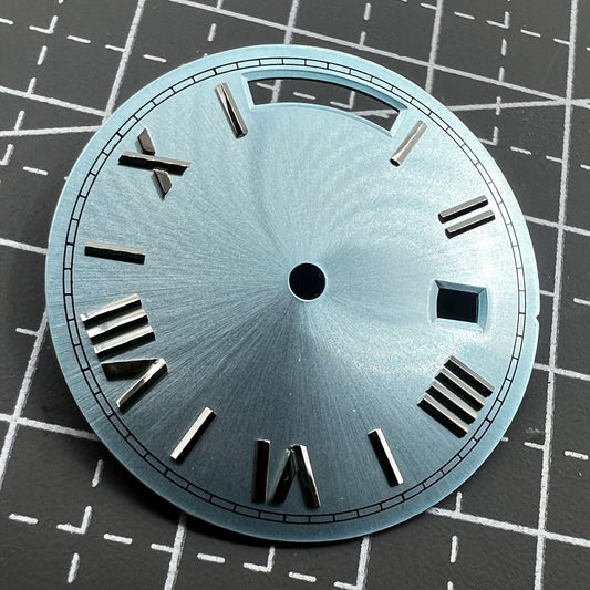 28.5mm silver nail watch dial with light blue finish for Seagull ST1644 movement, no lume, elegant design.