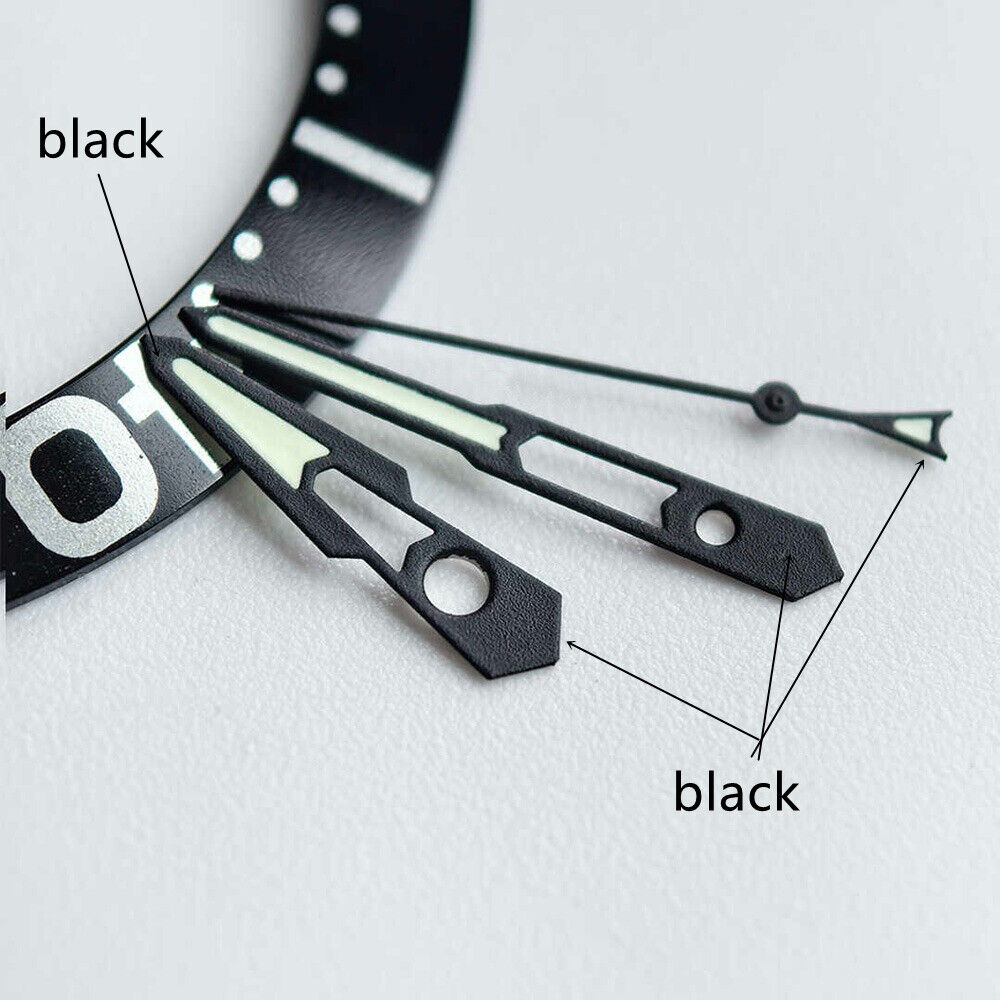 Matt black 13mm hollow green lume watch hands for NH35 NH36. Perfect for watch customization.