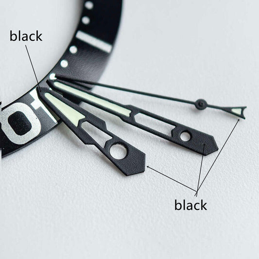 Matt black 13mm hollow green lume watch hands for NH35 NH36. Perfect for watch customization.