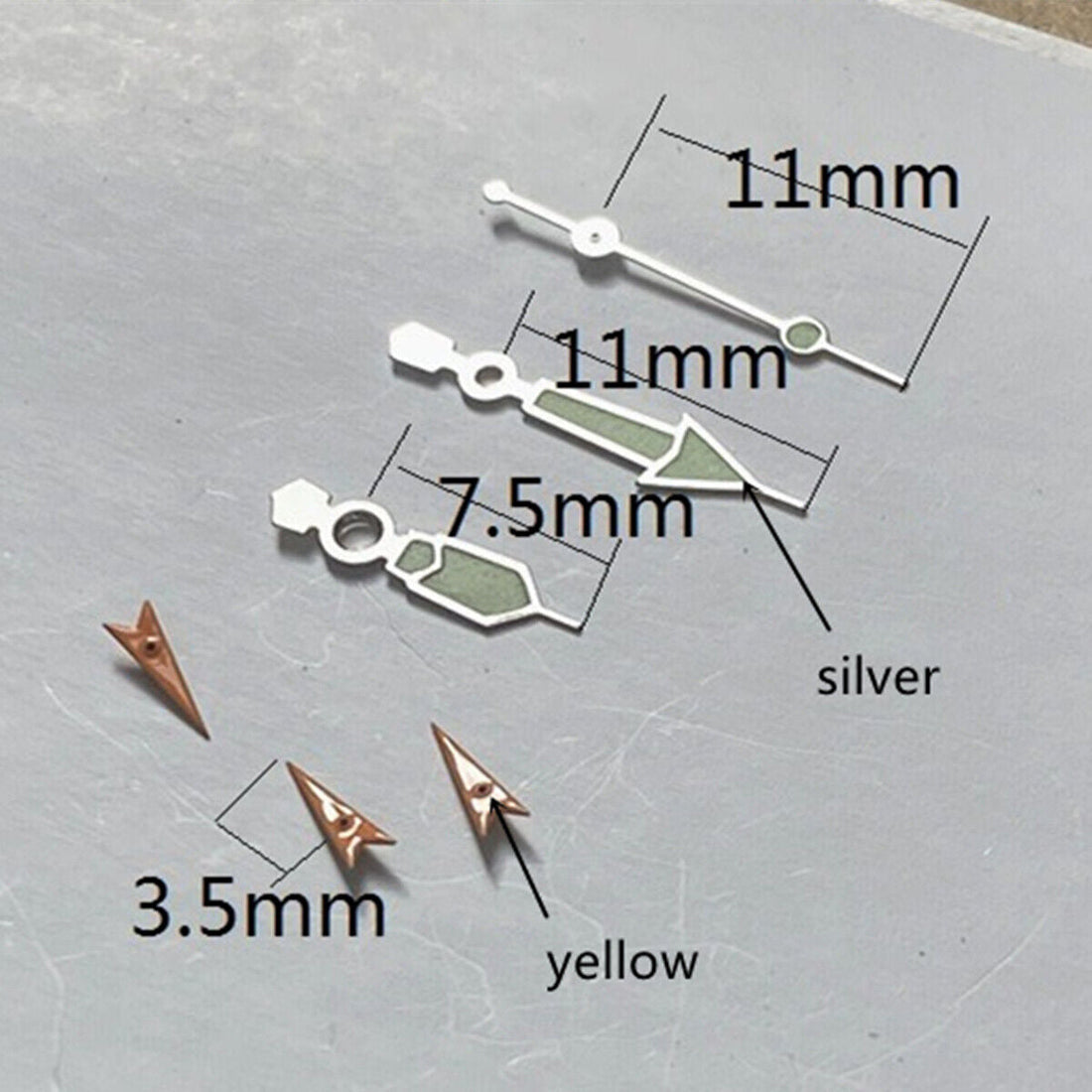 11mm silver-trimmed green lume watch hands, compatible with Miyota OS10 OS20 OS22 OS60 OS80 OS11 movements.