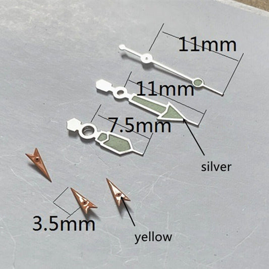 11mm silver-trimmed green lume watch hands, compatible with Miyota OS10 OS20 OS22 OS60 OS80 OS11 movements.