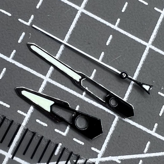 Silver and black trimmed 13mm hollow watch hands with green lume for NH35 NH36 movements, precision crafted.