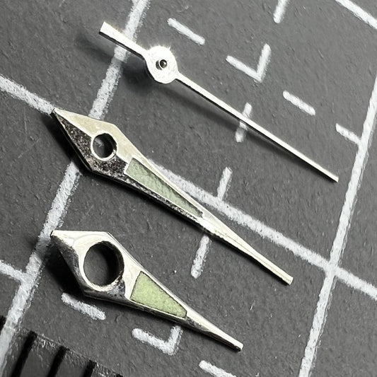 11mm Arrow shape watch hands with silver trim and green lume for Miyota 2035, 2115, 2105 movements.