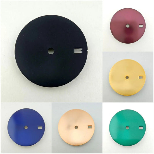 28.5mm solid color watch dial, metal design, no lume, fits NH35 movement, sleek accessory.