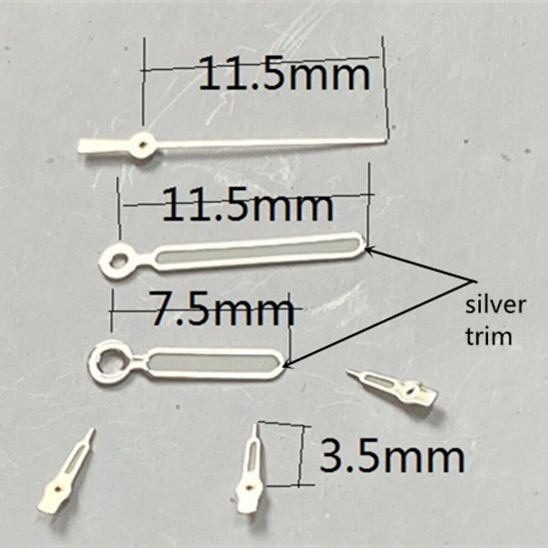 11.5mm silver-trimmed round tip green lume watch hands for VD53 VD54 VD57 movements.