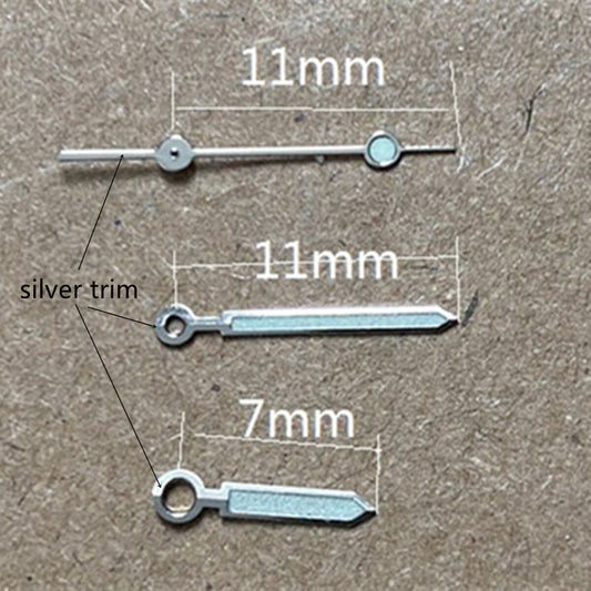 11mm silver-trimmed green luminous watch hands for Miyota 1M12 movement, enhancing readability by BrandName.