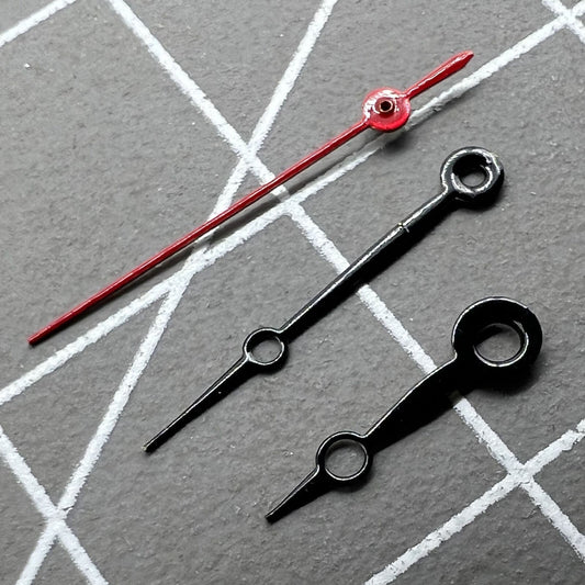 15mm black and red painted watch hands set with no lume for Miyota 2035, 2115, 2105, 2305 movements.